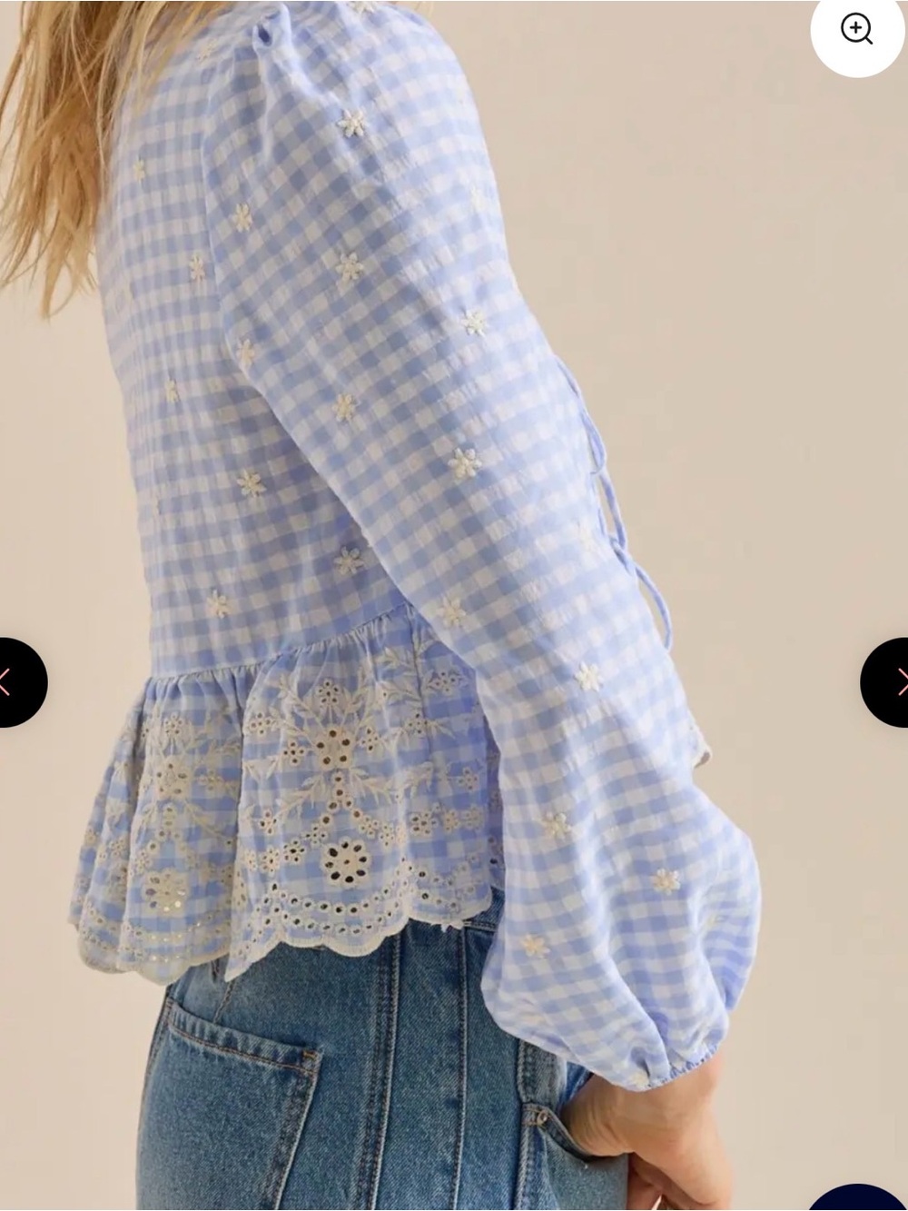 NWOT Lush Light Blue Gingham Tie-Front Peplum Blouse with White Embroidery M - Picture 3 of 9